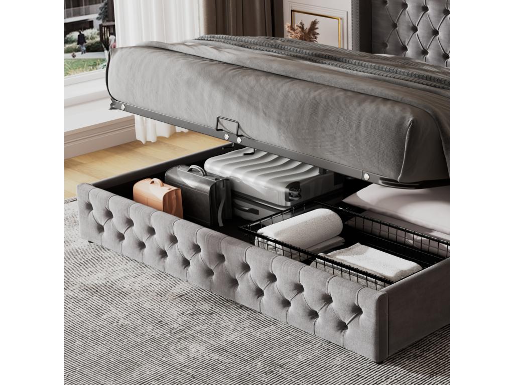140x190cm velvet storage bed with slatted base - Grey
