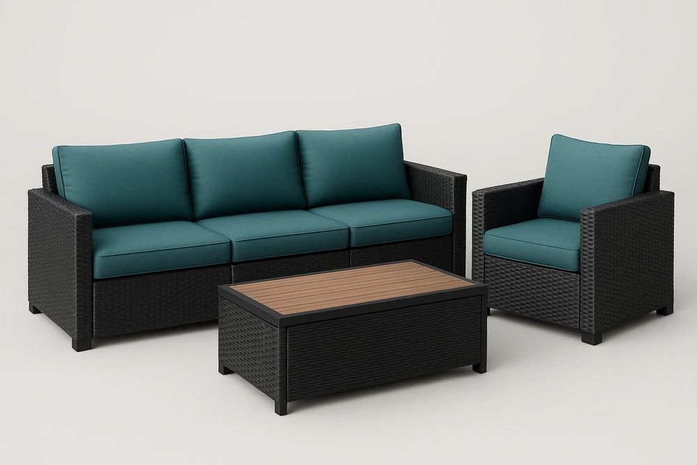 Wicker Resin Garden Furniture Set with Blue Polyester Cushions