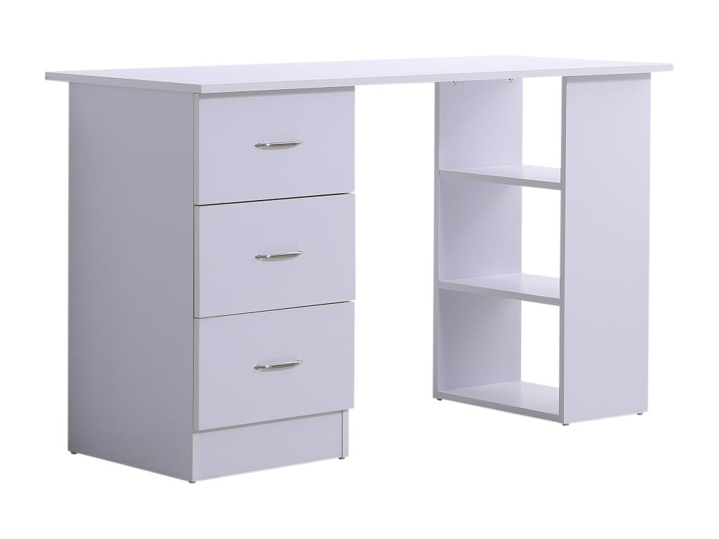 Computer desk, multi-functional table with 3 drawers and 2 shelves, dimensions: 120L x 49W x 72H cm, white MDF