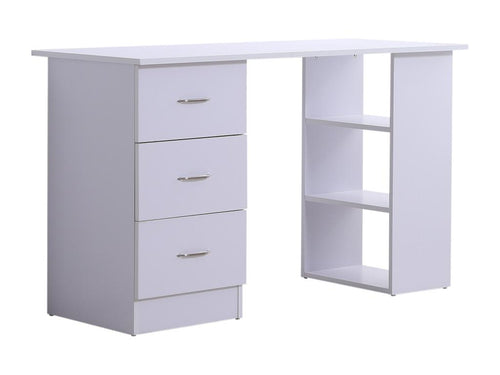 Computer desk, multi-functional table with 3 drawers and 2 shelves, dimensions: 120L x 49W x 72H cm, white MDF