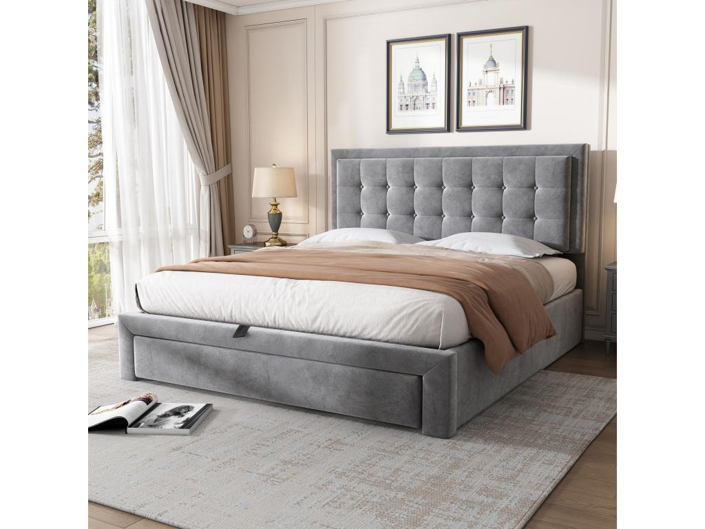 Upholstered hydraulic double bed 140x190 with base and headboard with 2 drawers, grey velvet