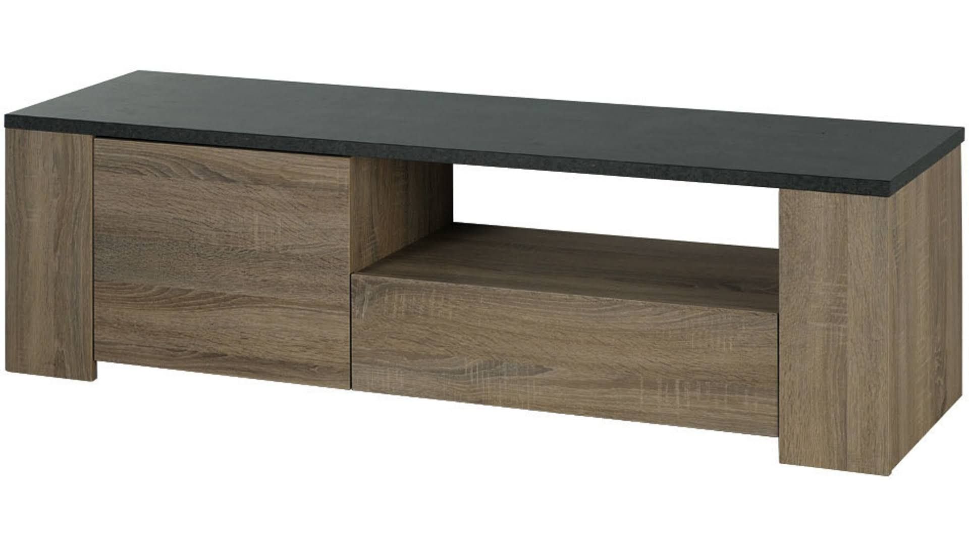 Conforama Fumay TV unit in raw oak/dark concrete finish