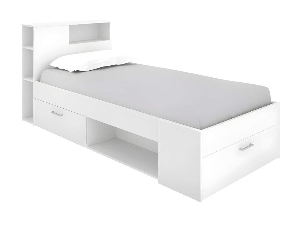 Bed with headboard, storage and drawer - 90x190 cm - White - Zenmobilier