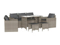 6-piece garden furniture set with light grey cushions, woven resin