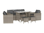 6-piece garden furniture set with light grey cushions, woven resin