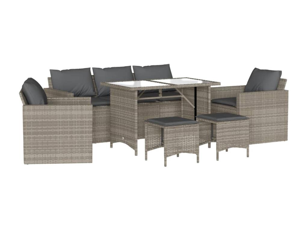 6-piece garden furniture set with light grey cushions, woven resin