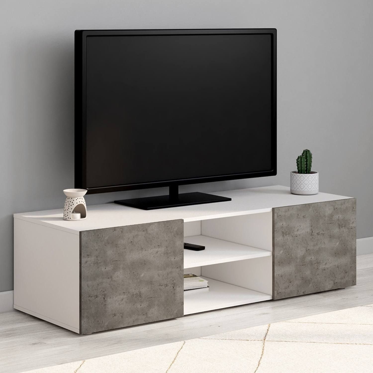 idmarket TV stand 113 cm eli white with concrete effect doors