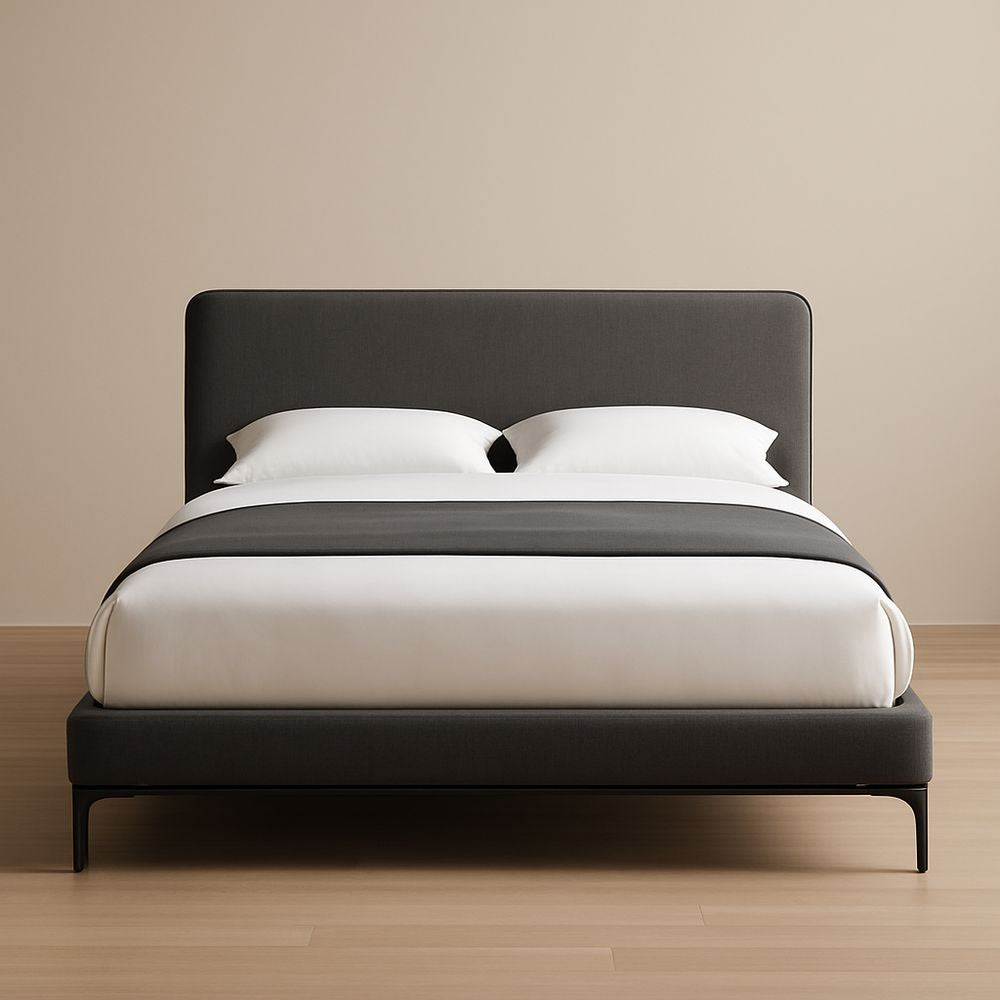 Grey double bed in polyester fabric and metal, 160x200 cm