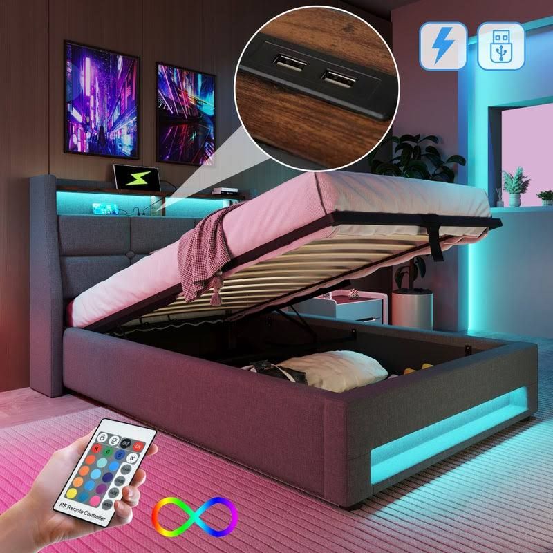 Upholstered bed with USB 90x200cm single bed with LED lighting and metal slatted base