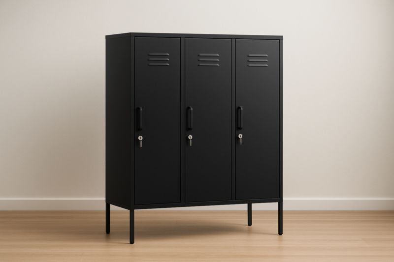 Black metal filing cabinet with lock