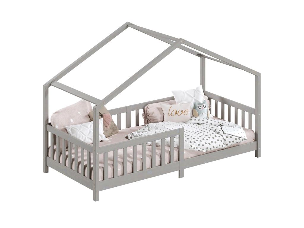 LISAN Children's Cabin Bed 90*190 cm Single Montessori Bed with Safety Rails in Grey Stained Solid Wood