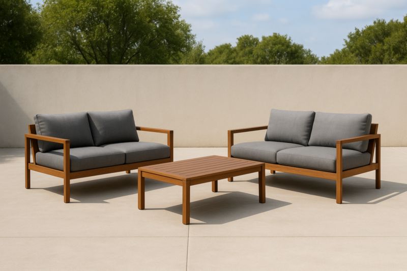 Wooden garden furniture set with grey cushions