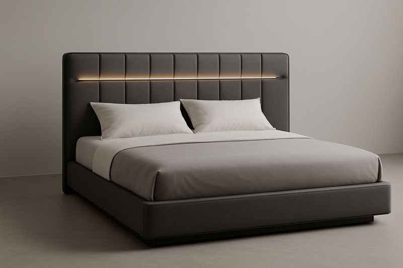 Double bed with LED headboard in grey polyester fabric, 160x200x120 cm