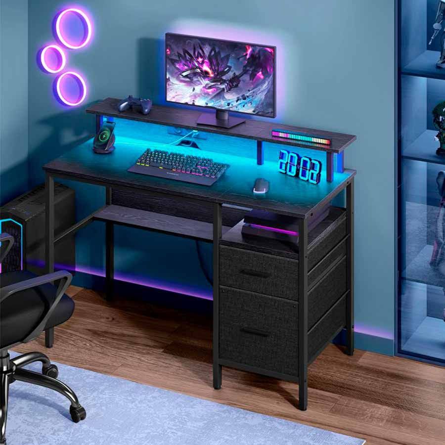 VASAGLE Gaming Desk with LED Lights and Power Strip, 2 Drawers, 2 Ports