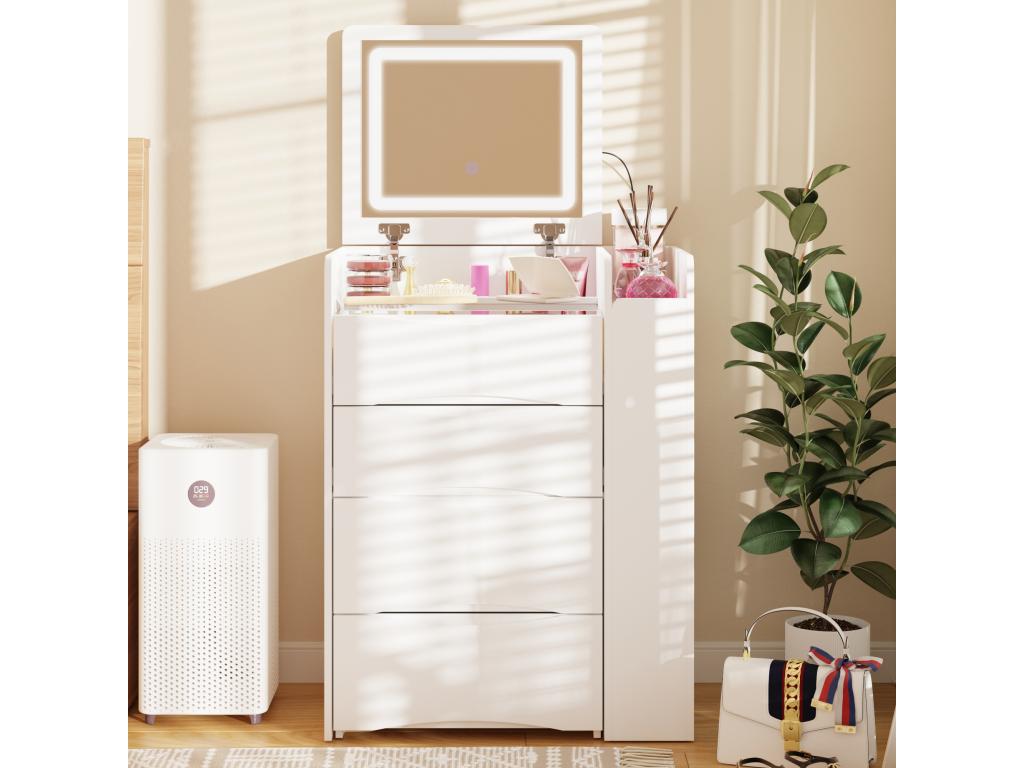 Dressing table with folding mirror, tri-color lighting, drawers, living room, white, 61*40*81.5cm