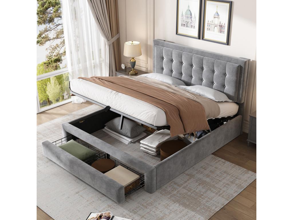 Upholstered hydraulic double bed 140x190 with base and headboard with 2 drawers, grey velvet