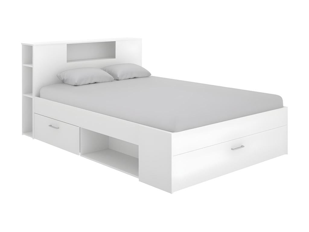 Bed with headboard, storage and drawers - 140x190 cm - White - Decochicmeu