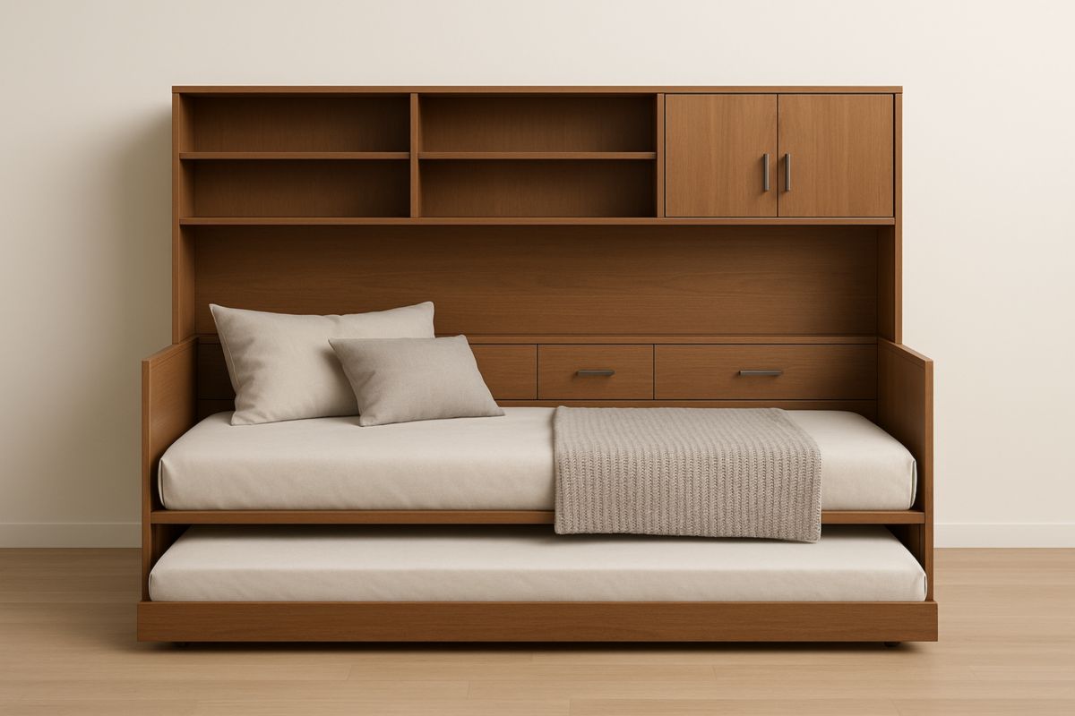 MDF wood trundle bed with shelves and drawers