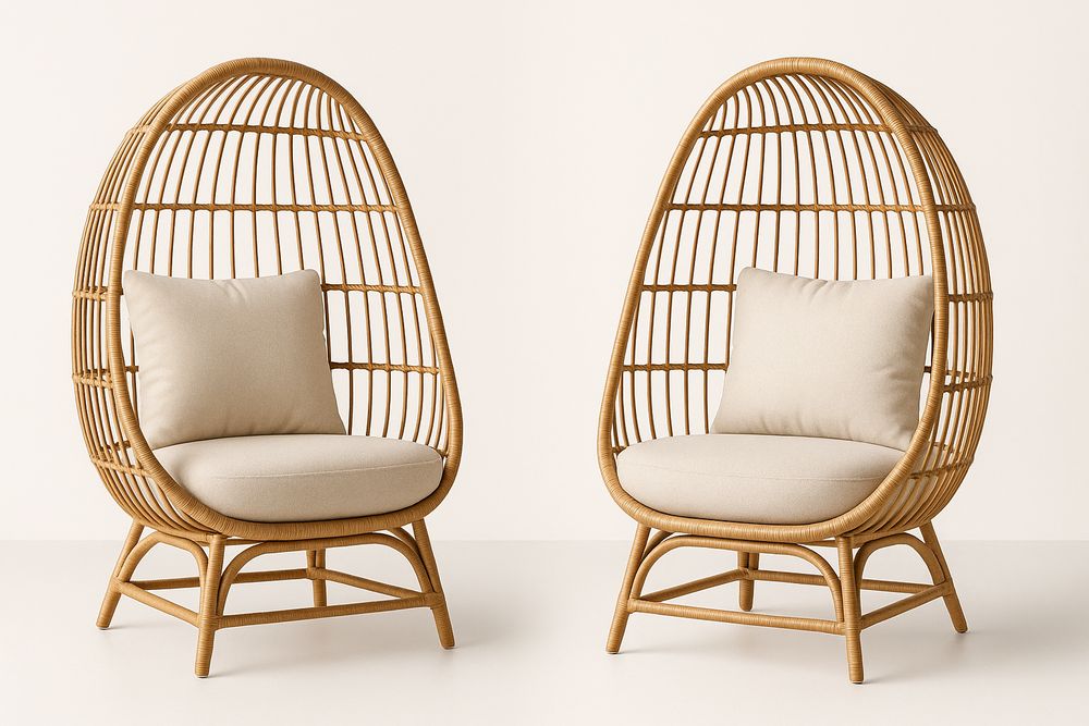 Pair of rattan armchairs with beige polyester cushions