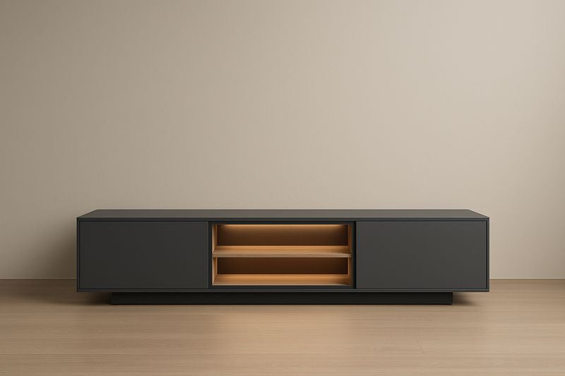TV stand in black MDF and oak, 180x40x50 cm