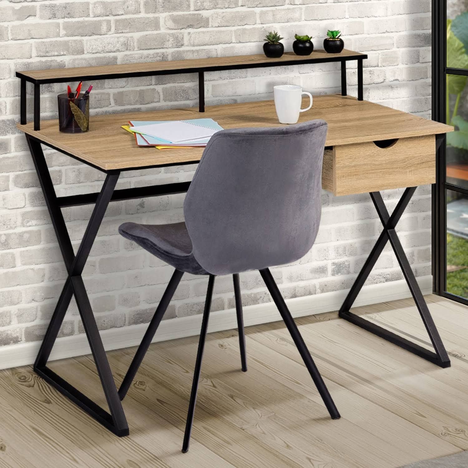 id market Enzo 1-Drawer Desk with Cross Legs, Industrial Design