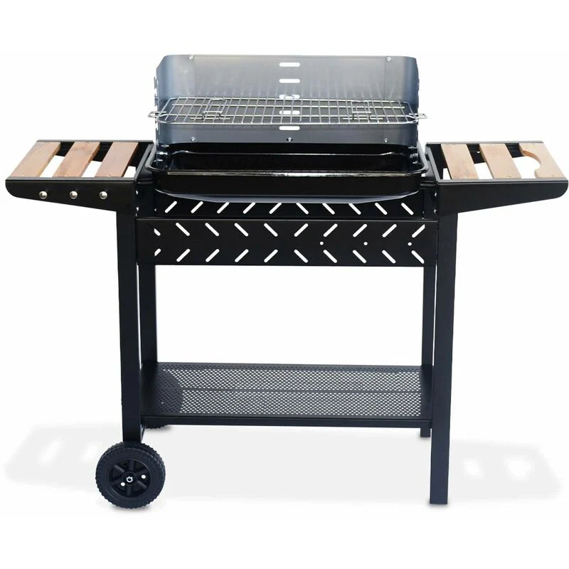 Charcoal barbecue - Alfred - Black and grey. Adjustable grill height. Enamelled firebox. Wooden side shelves. Shelf and hooks. 