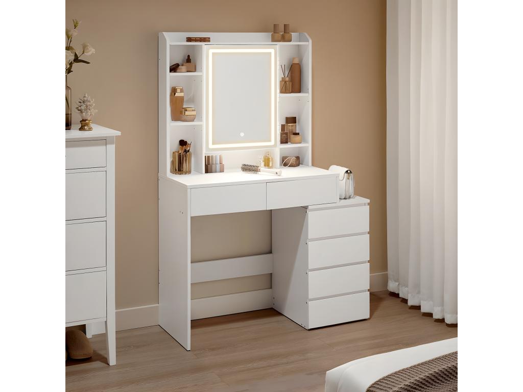 Dressing table with 6 drawers, 7 shelves and 1 white mirror - W97.5 cm