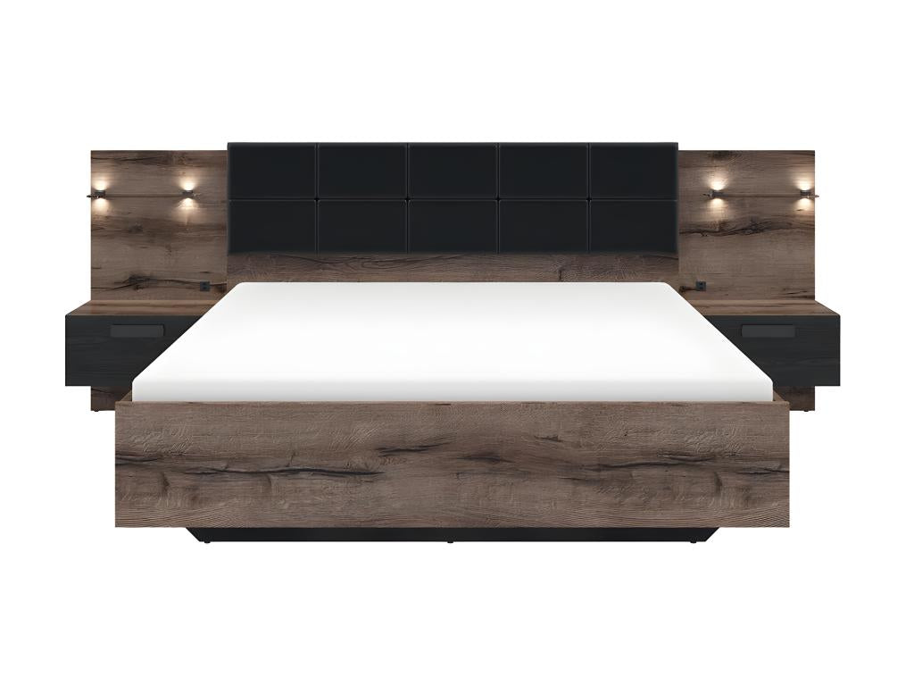 160x200 bed, bedside table with LED lighting and USB port included, Romane Wood