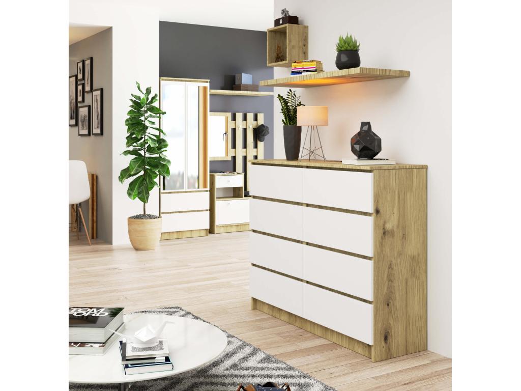 Decoepure K120 Artisan Oak 120 cm 8 drawers with white fronts 120x40x99 cm
