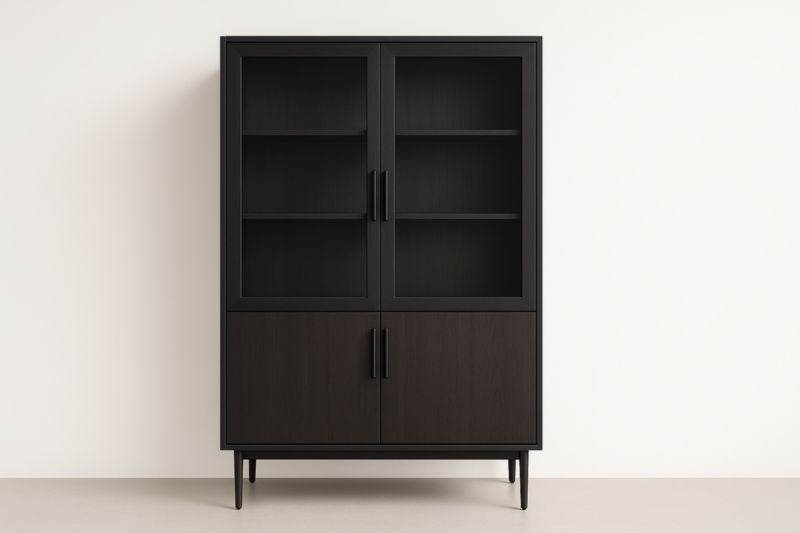 Wooden and glass sideboard with shelves and black doors, 200x100x40 cm