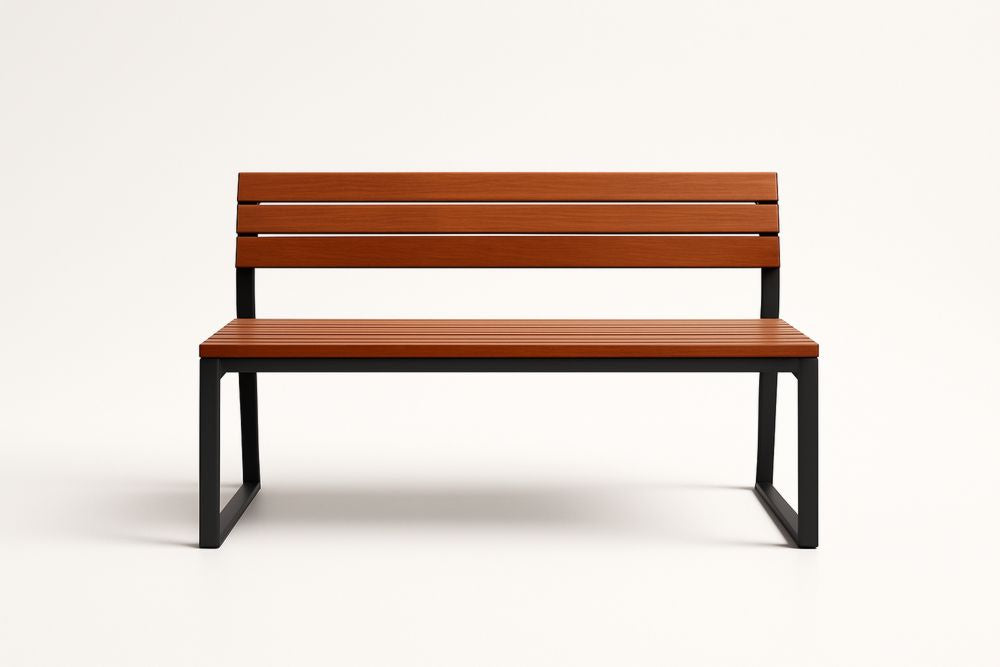 Acacia wood bench with steel frame, brown/black color