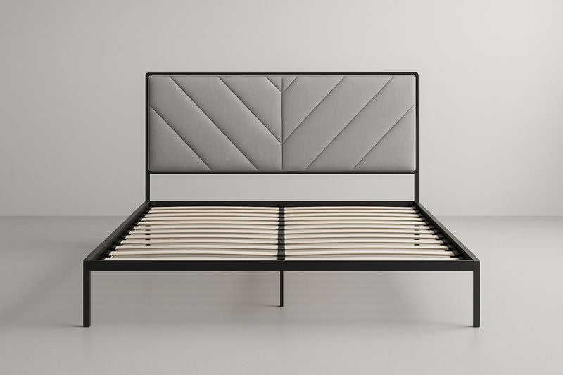 Metal double bed with grey upholstered headboard 160x200x100 cm