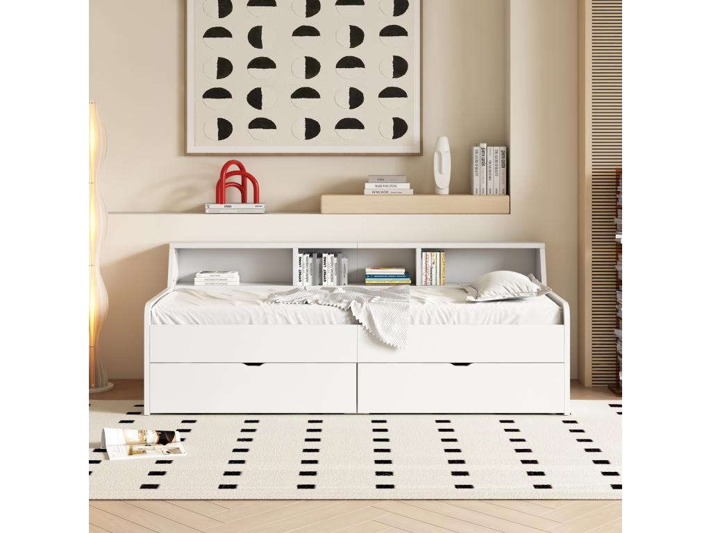 Children's bed 90x200 cm with 2 drawers and storage shelves, pine wood and white MDF