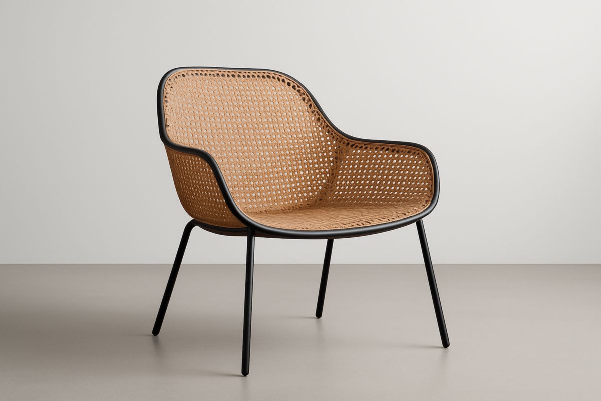 Armchair in synthetic rattan and black steel, 70cm x 75cm x 80cm