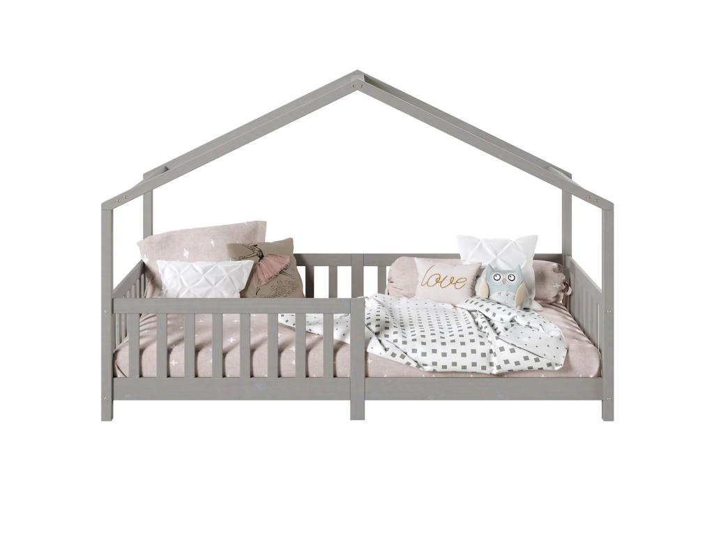 LISAN Children's Cabin Bed 90*190 cm Single Montessori Bed with Safety Rails in Grey Stained Solid Wood