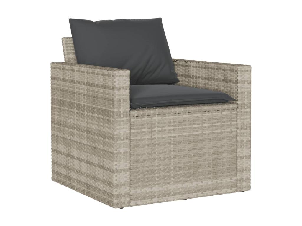 6-piece garden furniture set with light grey cushions, woven resin
