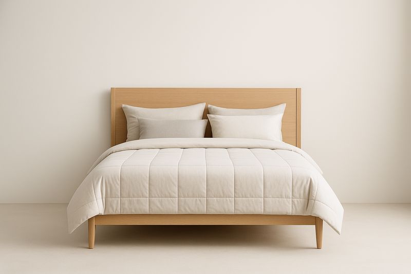 Double wooden bed 200x160x100 cm with mattress and beige fabric pillows