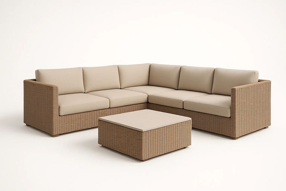 Beige synthetic rattan lounge set with polyester fabric cushions