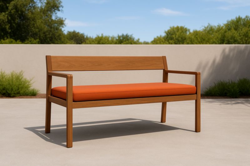 Solid wood outdoor bench with orange cushion, 150×60×80cm