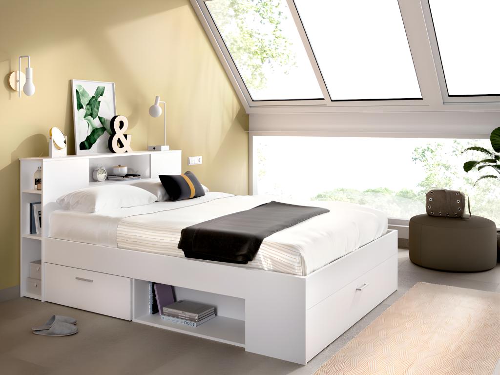 Bed with headboard, storage and drawers - 140x190 cm - White - Decochicmeu