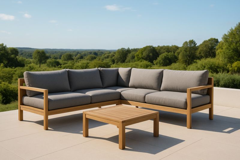 Wooden garden furniture set with grey polyester cushions