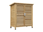 Garden shed, freestanding tool storage unit, dimensions 87L x 46W x 96H cm, with shelves, louvered doors, bitumen roof, and green pressure-treated fir wood.