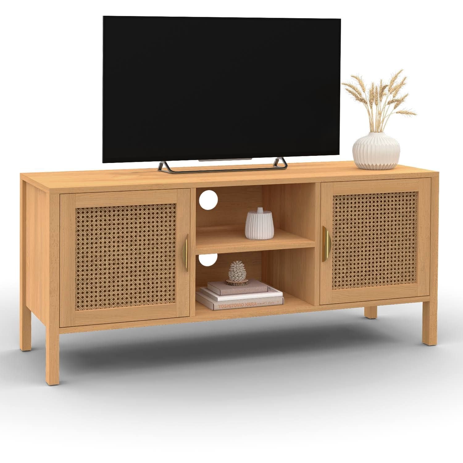 Edhen 110cm TV Stand with 2 Doors, Wood and Cane